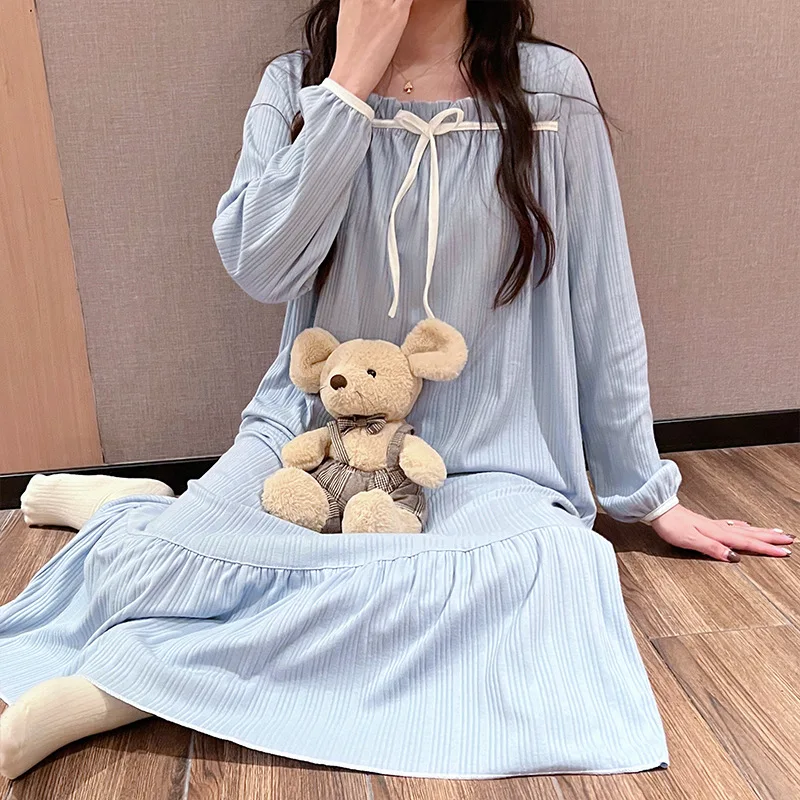 2023 New Spring and Autumn Milk Puddle Stripe Loose Leisure Fashion Comfortable Long Nightdress,Sleepwear and Homewear for Women
