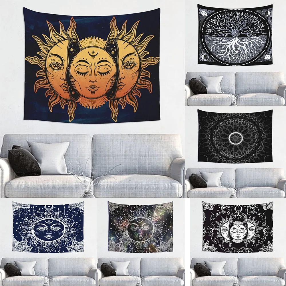 

3D HD Digital Printing Mandala Tapestry Black And White Sun And Moon Wall Hanging Tarot Card Hippie Wall Rug Dorm Decor Blanket