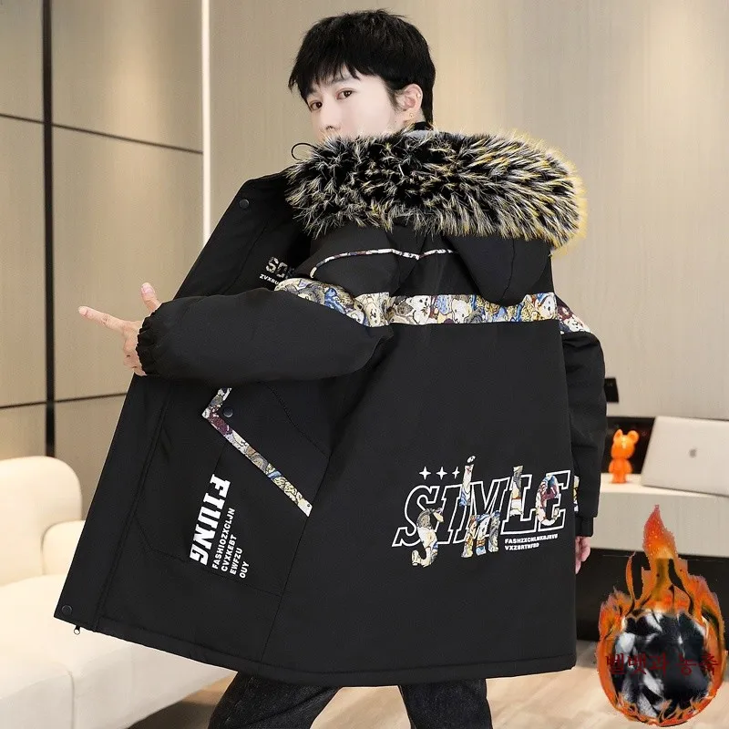 Hengyuanxiang Youth Winter Loose Cotton-padded jacket Outerwear Men's Mid-Length Fashion Hood Fleece-lined Thickened Parka Fa...