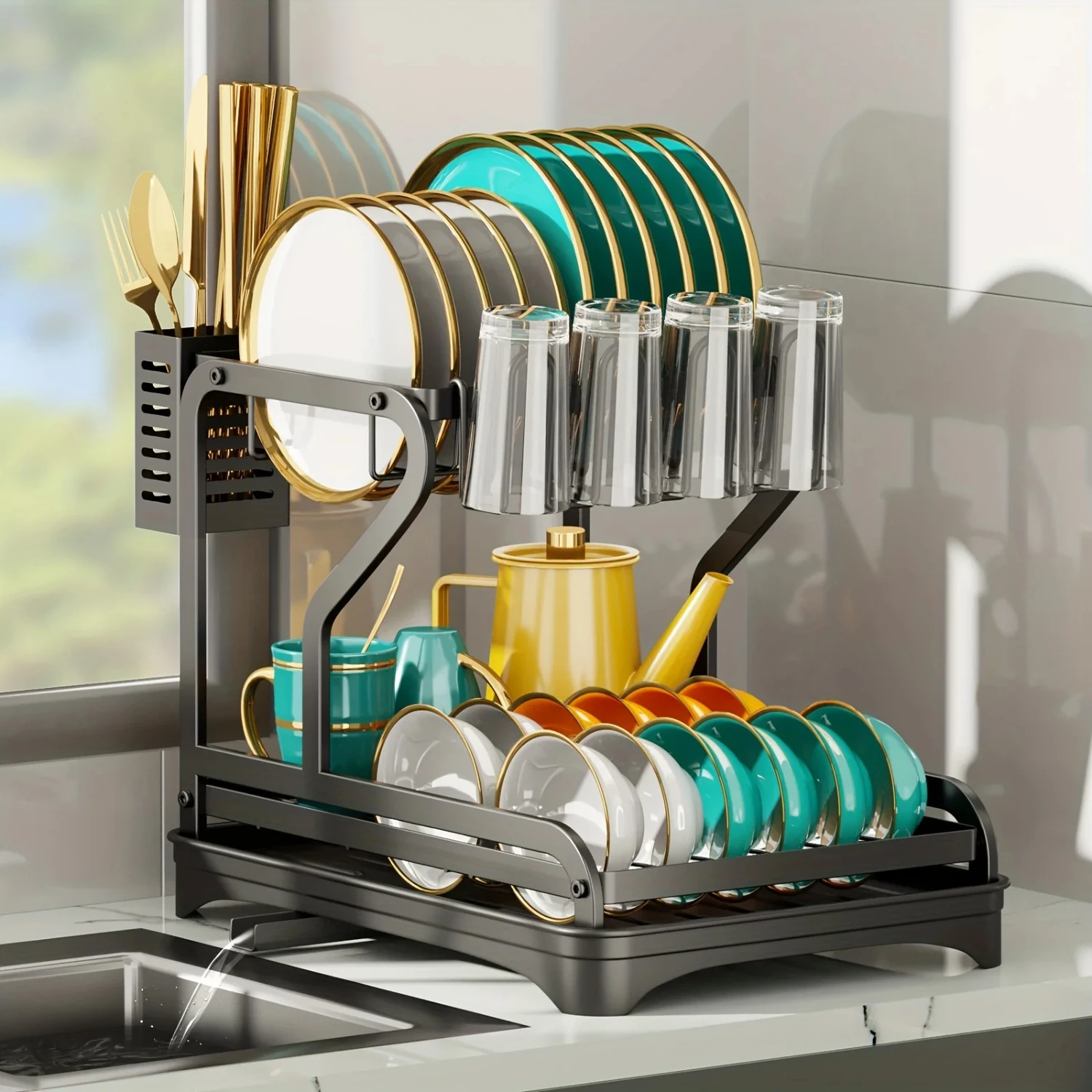 2-Tier Dish Rack with Drainboard Drying Utensil and Cup Holders - Dishes Knives Spoons