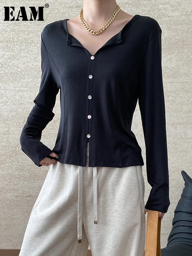 [EAM] Женская бежевая серая тонкая однотонная повседневная футболка большого