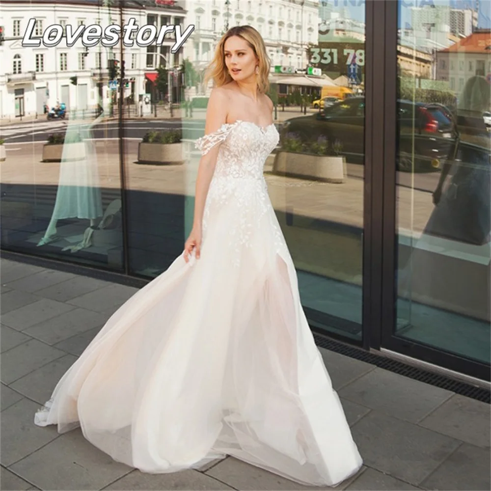 

Graceful A-Line Wedding Dresses Sleeveless Bride Robe Off Shoulder Sweetheart Bridal Gowns Lace Sexy Appliques Vestidos De Noiva