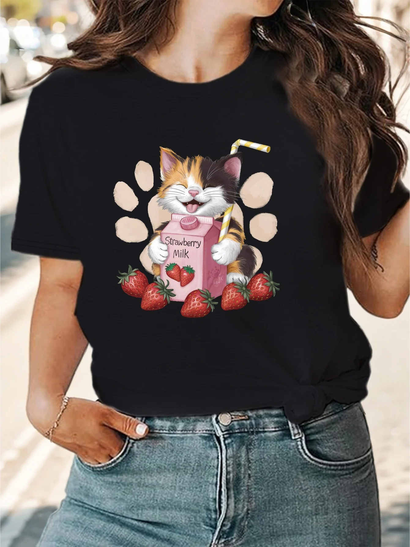 strawberries cheerful calico kitten women's comfit t-shirt
