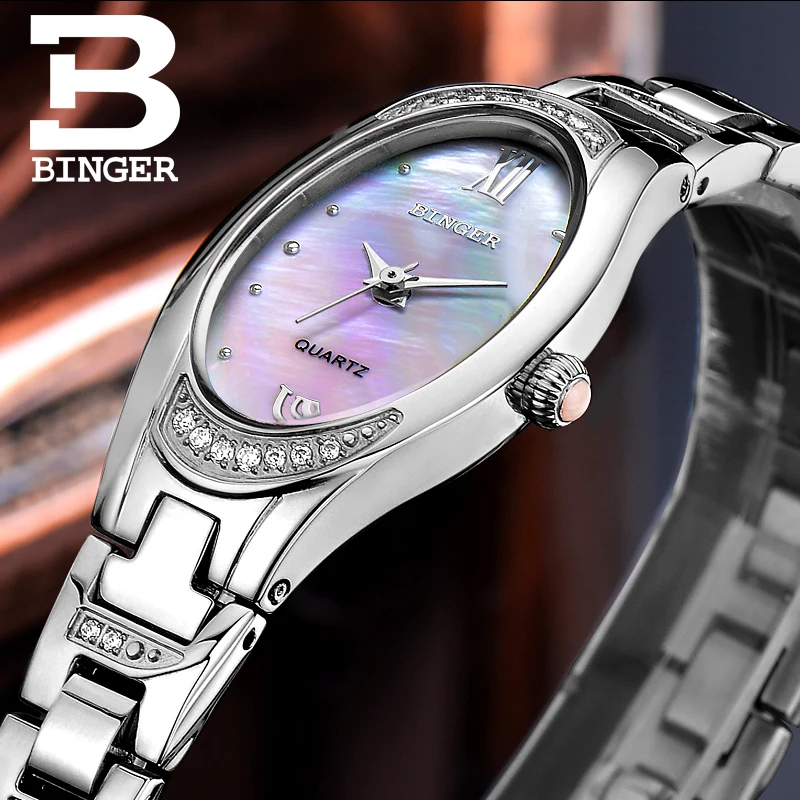Switzerland Binger For Women Watch Miyota Quartz Wristwatch Pearl Shell Oval Dial Sapphire Crystal Diamond Ultra Montre Femme