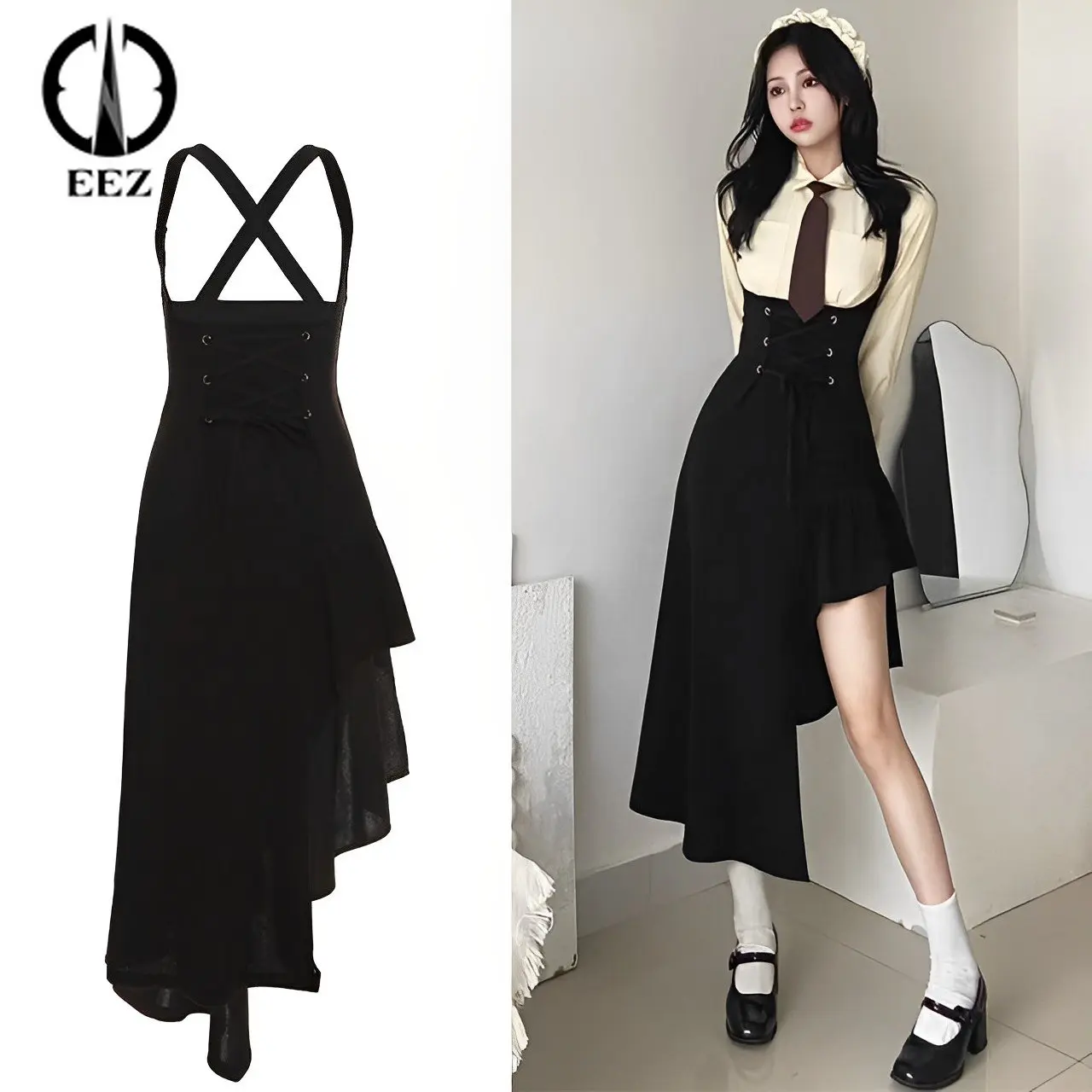 

Vintage Black Irregular Pleated Skirt Lolita Strap High Waist Lace Up A-Line Dresses Women Suspender Skirts Goth Streetwear Y2k