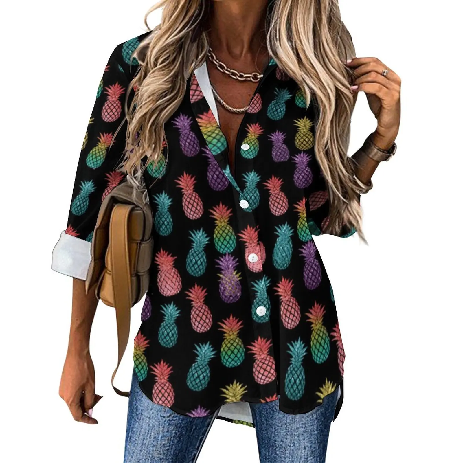 

Colorful Pineapple Blouse Women Cute Fruit Print Korean Fashion Loose Blouses Autumn Long Sleeve Kawaii Shirts Pattern Clothing