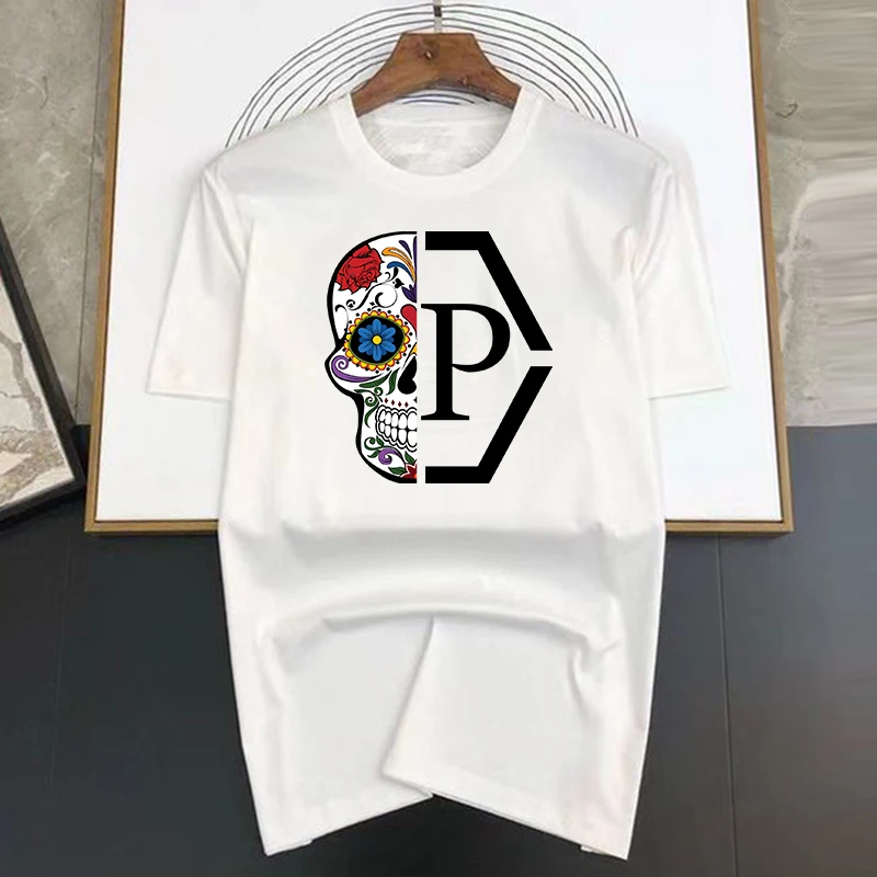 

Summer Half Flower Skull Men T-shirts 100% Cotton Occidental Style Retro Short Sleeves Tee Oversized Letter Print Women T Shirt