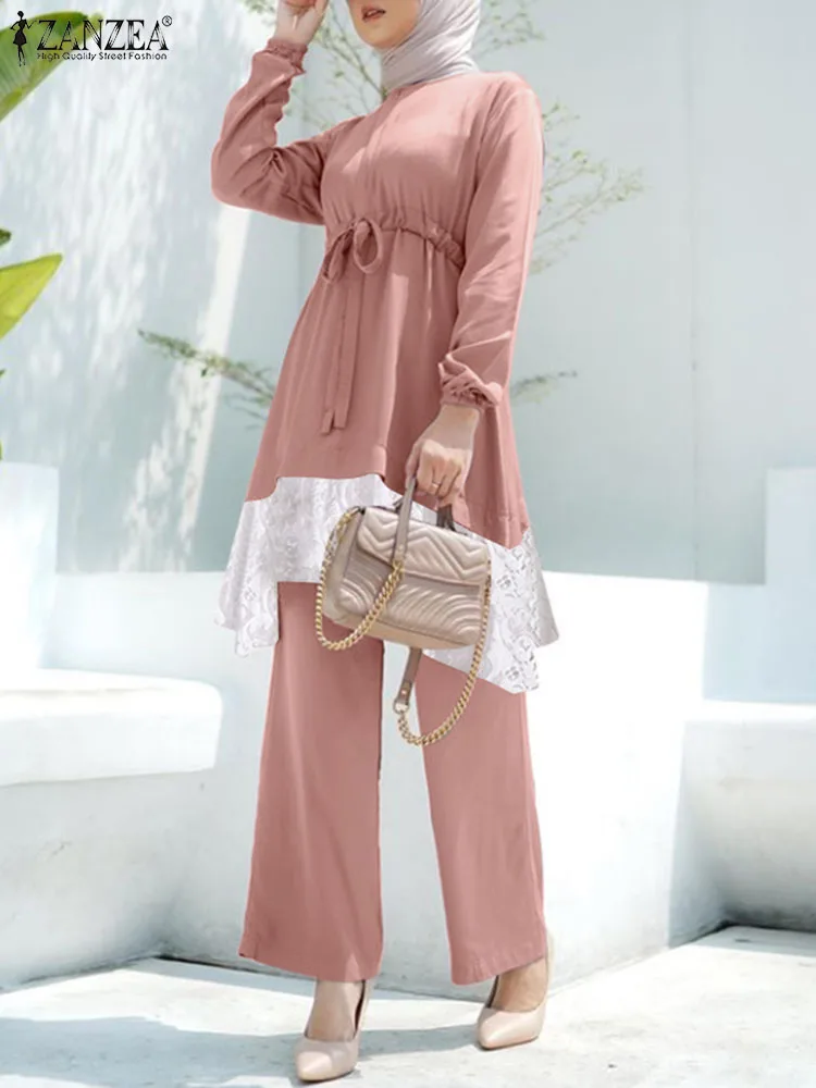 

ZANZEA Elegant Muslim Sets Women Long Sleeve Lace Patchwork Blouse Pants Sets Autumn Dubai Turkey Abaya Matching Sets Islamic