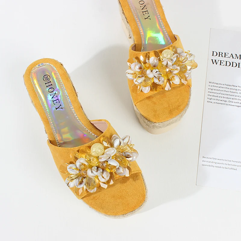 

New Summer Women's Handmade Beaded Slope with Sandals and Hemp Rope Thick Bottom Slippers Increased by 7cm Beach Shoes