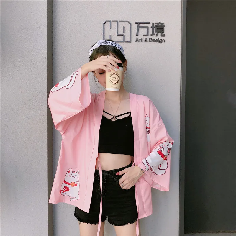 Кимоно женское розовое в японском стиле милая пляжная рубашка кардиган хаори