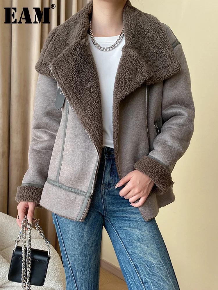 

[EAM] Loose Fit Gray Thick Warm Big Size Zipper Jacket New Lapel Long Sleeve Women Coat Fashion Tide Autumn Winter 2023 1DH1797