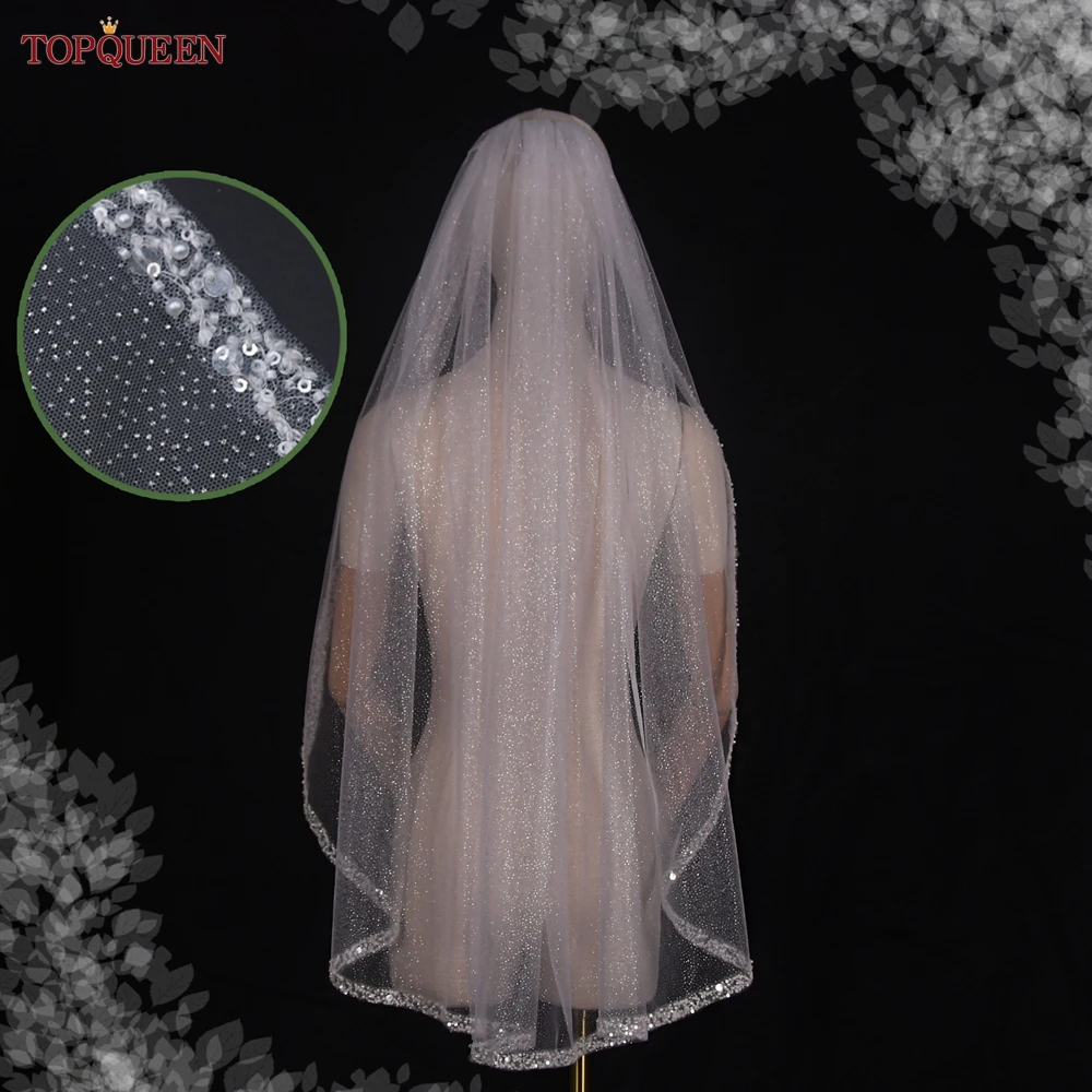 

TOPQUEEN Sequin Beaded Glitter Veil Ivory Champagne Glitter Church Wedding Tulle Short Single Layer Fingertip Length Veil V203A
