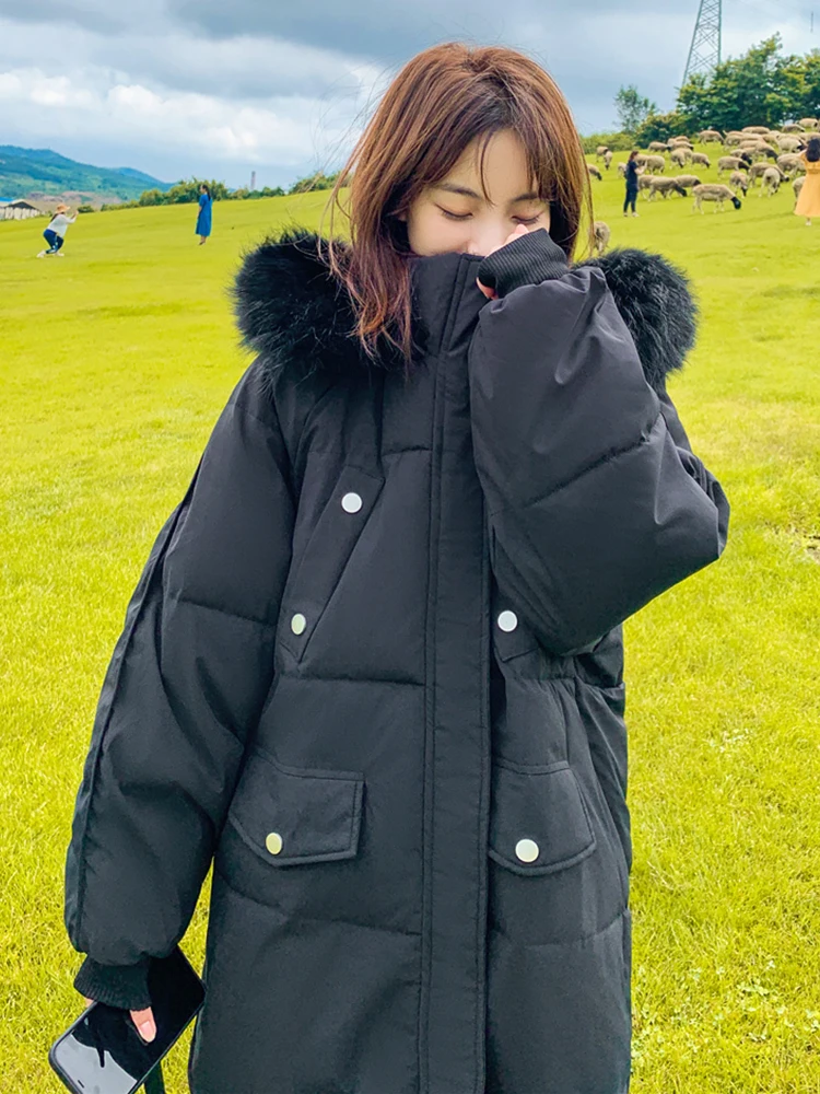 

Korean Style Women Winter Long Parka Hooded Fur Collar Thicken Oversized Loose Fashion Female Coat Ladies Jacket White Black