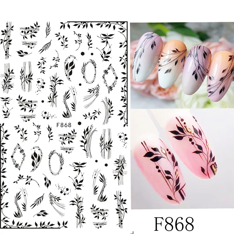 

1PCS Black White Leaves Flower 3D Nail Sticker Geometric Alphabet Butterfly Adhesive Transfer Sliders Manicure Wraps Nail Supp