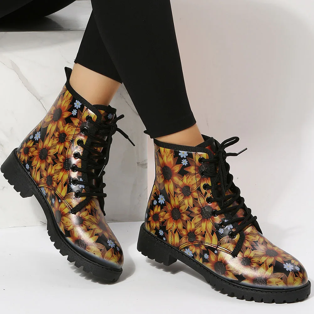 Plus Size 35-46 Brand New Ladies Chunky Heels Ankle Boots Fashion Lace-up Print women's Boots Casual Party Platform Woman Shoes