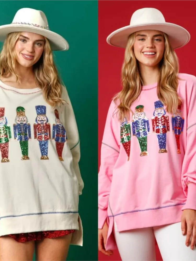 

2024 New Women's Christmas O-Neck Pullover Tops Sweet Sequined Thin Versatile Top Long Sleeve Sweatshirt