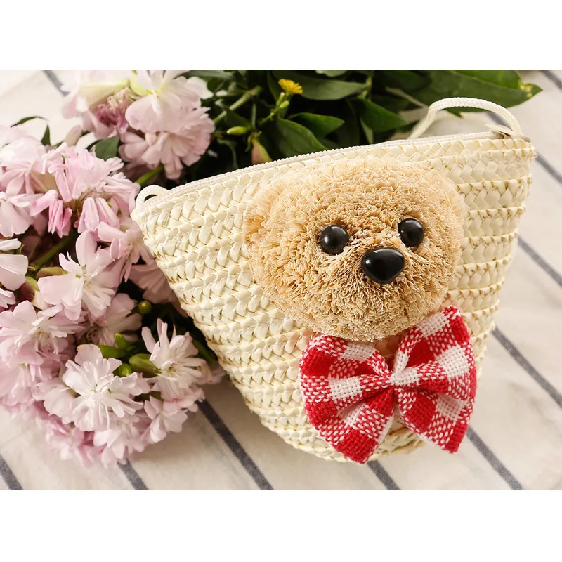 

2022 Summer New Cute Bear Head Mini Bag Bowknot Straw Woven Bag Key Change Woven Cross Bag Beach Bag Shoulder Bag