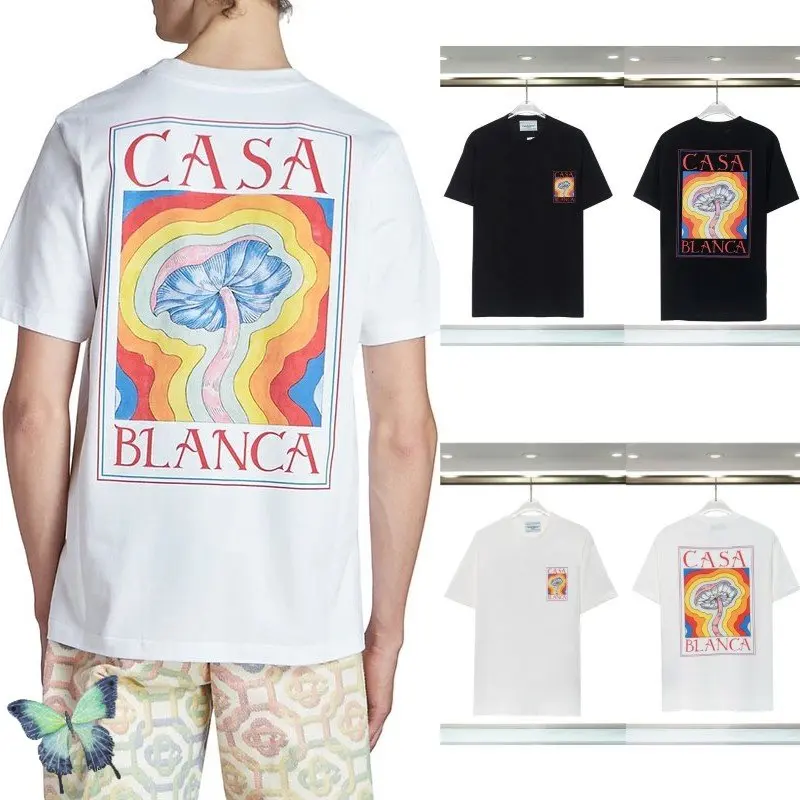 

23ss New CASABLANCA T-shirts Rainbow Mushroom Letter Print Short Sleeve Tops Cotton Loose T Shirt for Men Women