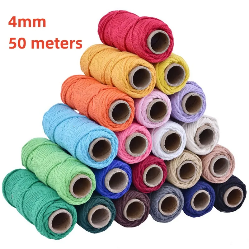 Цветная хлопковая веревка для DIY, ручная работа, толстая хлопковая веревка, Гобеленовая веревка, веревка для переплета, декоративная веревка, нить с узлом, 4 мм x 50 м