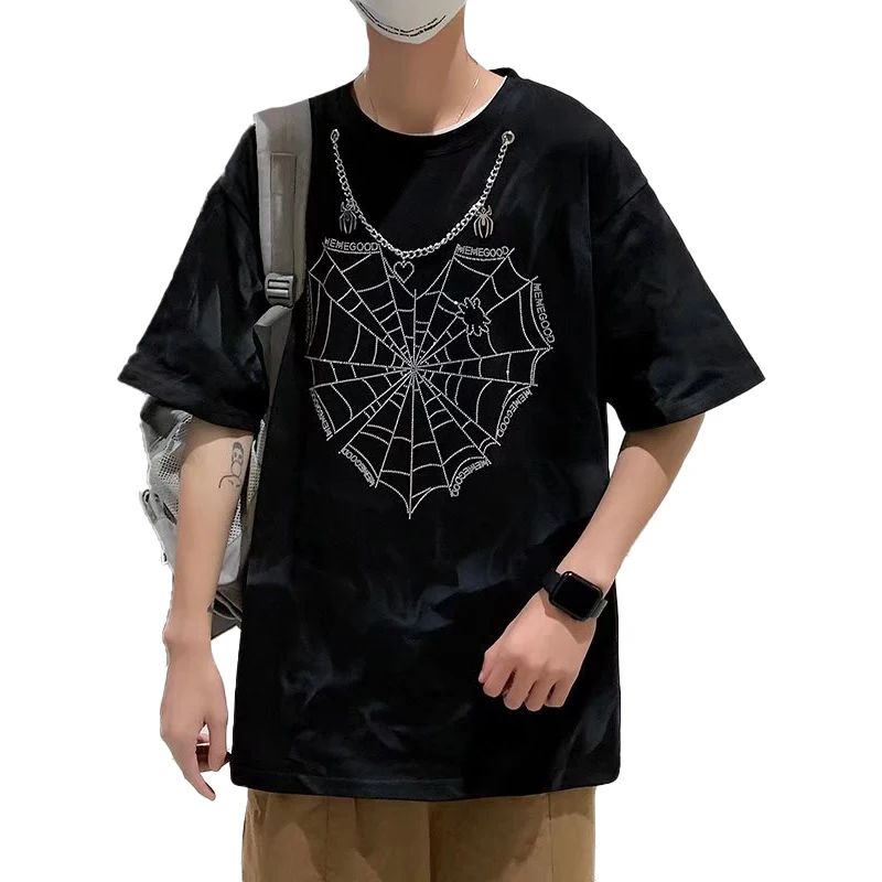 

Летняя мужская Готическая футболка в форме сердца, паука, паутина, разы, панк, цепочка, уличная одежда, повседневная футболка со стразами, па...