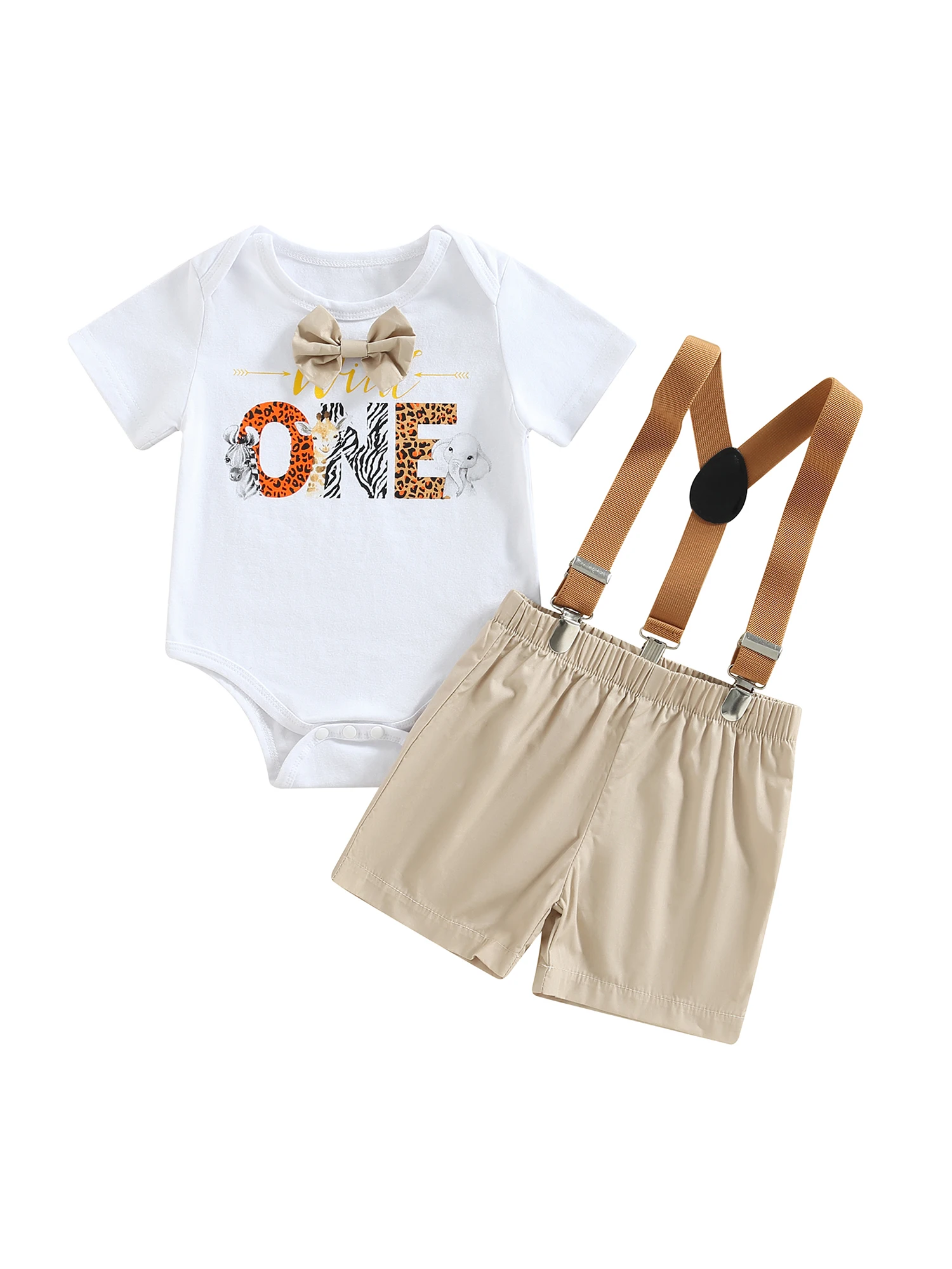 Newrborn Baby Boy First Birthday Outfit Wild One Letter Print Bowtie Romper Suspender Shorts 2PCS Boy Summer Clothes