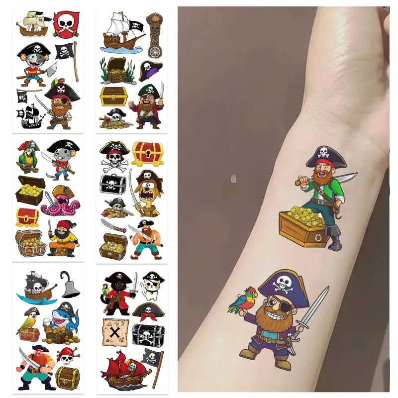10Pcs Cartoon Pirate Treasure Gold Temporary Tattoos Sticker Skeleton For Girls Boys Birthday Party Supplies