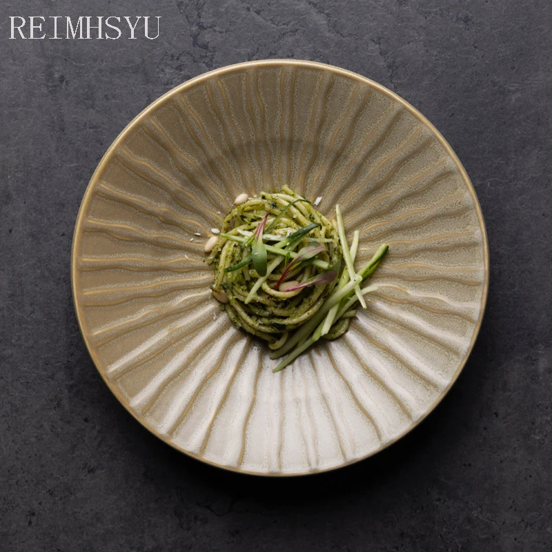 

European Style Ceramic Retro Kiln Change Simple Dessert Pasta Sushi Deep Dining Plate Dishes Household Restuant Tableware Set