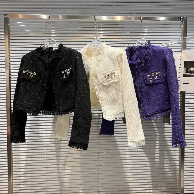 

PREPOMP 2022 Autumn New Arrivals Long Sleeve Padded Shoulder Letters Metal Decoration Tweed Short Jacket Women Slim Coat GG695