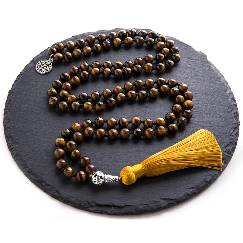 

108 Mala Prayer Beads Necklace 8mm Natural Yellow Tiger Eye Knotted Necklace Meditation Yoga Jewelry Japamala Rosary