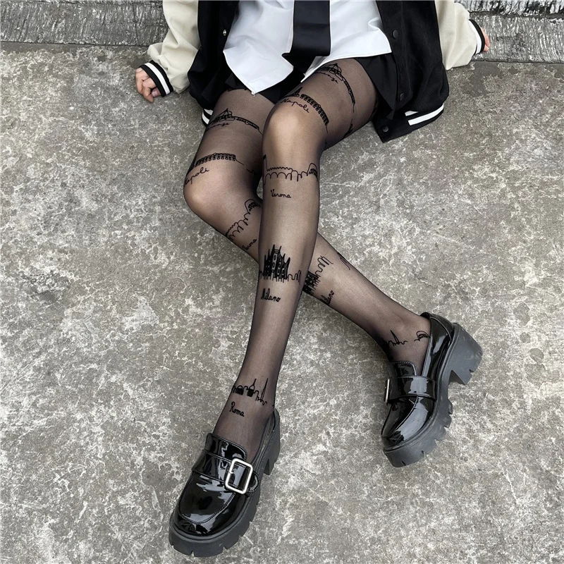City Sign Printing Flocking Stockings Female Feeling Ultra-thin Arbitrary Cut Silk Tights English Letters Silk Stockings