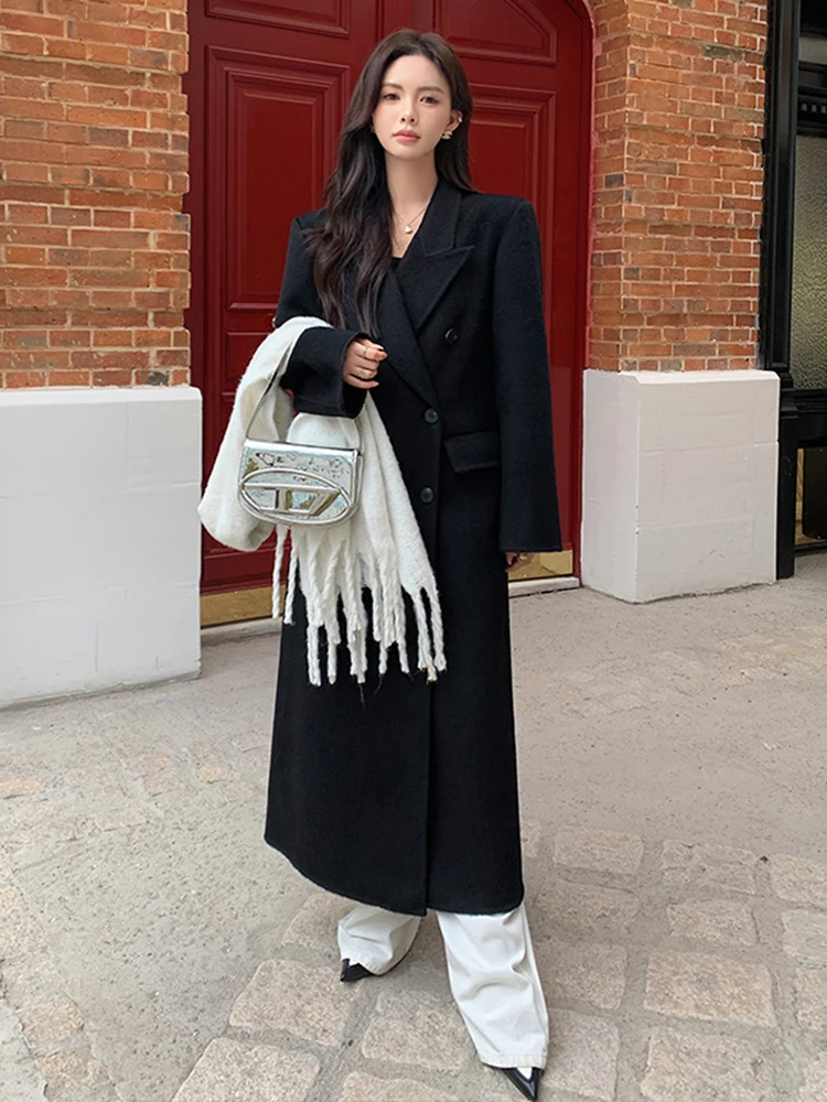 Huali двустороннее кашемировое пальто женское осенне-зимнее элегантное черное