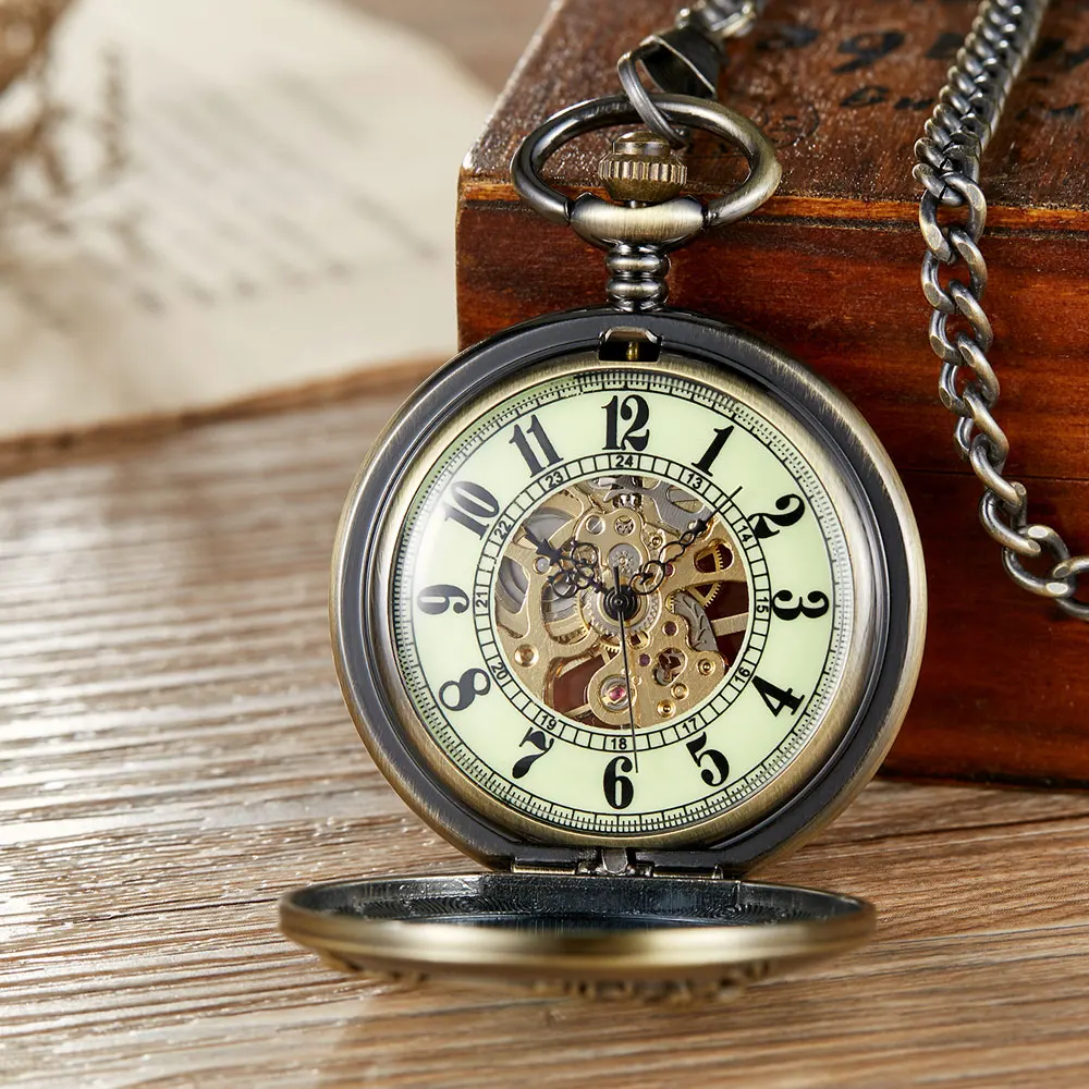 Vintage Hollow Deer Wolf Horse Skeleton Mechanical Pocket Watch Double Open Cover Fob Chain Men Steampunk Pendant Gifts Women
