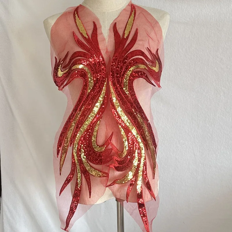 

1Pcs Large Patch Gold Red Sequin Embroidery Applique Mesh Lace Fabrics Sewing On Dress Clothing Decora Accessroy DIY 72*20CM