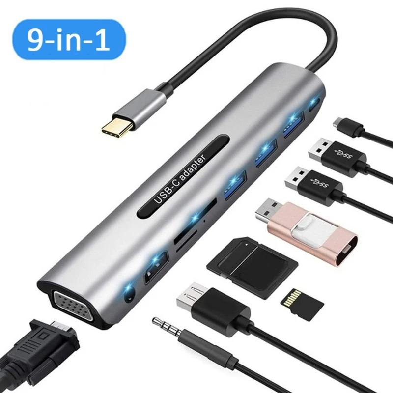 9 в 1 USB C концентратор адаптер док-станция Тип C к 4K HDMI-совместимый VGA PD SD TF карта Mulit USB 3,0 концентратор разветвитель для ноутбука ПК
