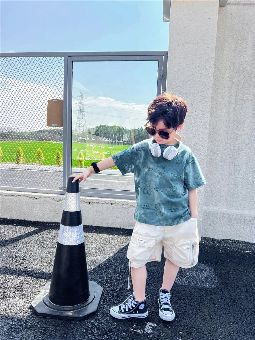 

Girls Cute Fashion Tie-dye Bear Letter Print Short Sleeves Tops All-match Loose Cotton Boy T-shirt Children's Cool Clothes