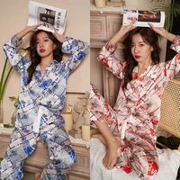 maple leaf printed ice silk long sleeve homewear can be worn outside imitation silk pajamas women nightdress home clothes