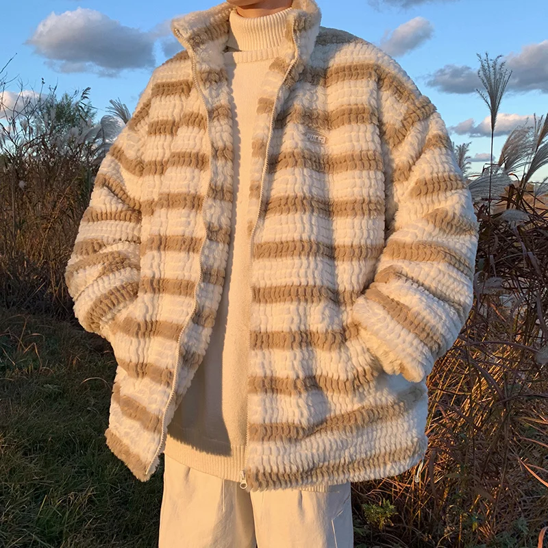 Winter Jacket Men Warm Fashion Plush Thick Stripe Jacket Men Streetwear Korean Loose Thicken Short Coat Mens Parker Clothes