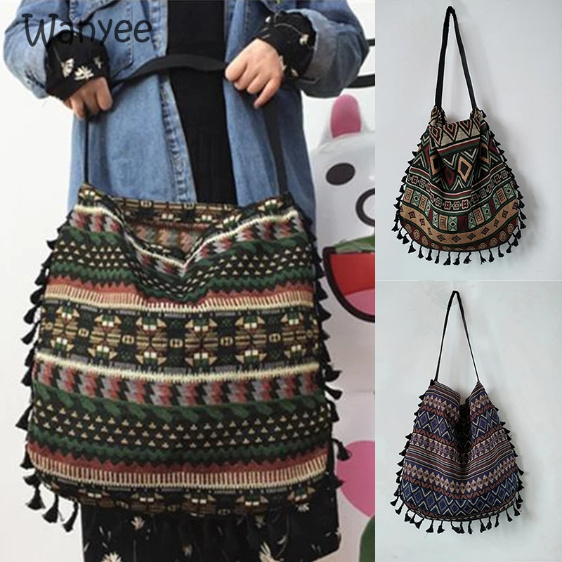 

Ladies Fringed Vintage Chic Canvas Crossbody Bag Ethnic One Shoulder Handbag Fringed Cotton Linen Lined with Inner Pocket