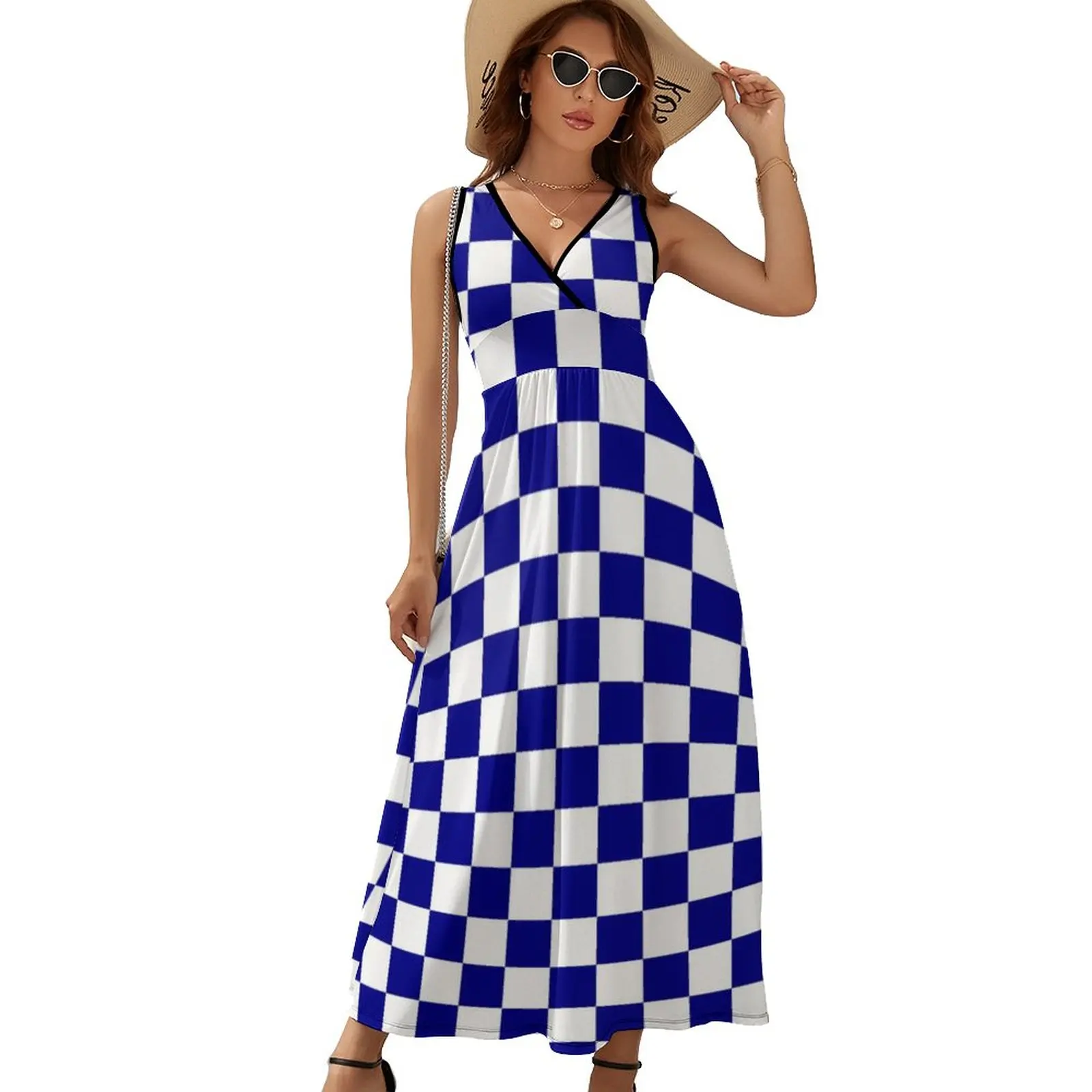 

Blue White Checkerboard Dress Racing Flag Checkered Party Maxi Dress Streetwear Boho Beach Long Dresses V Neck Print Vestidos