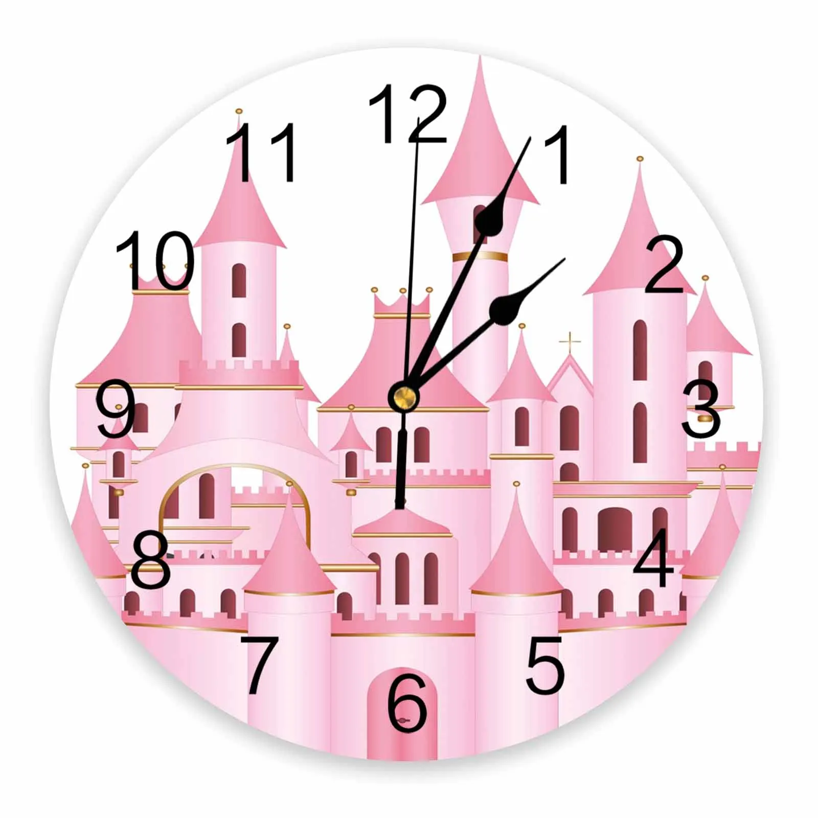 Pink Cartoon Castle White  Decorative Round Wall Clock Arabi