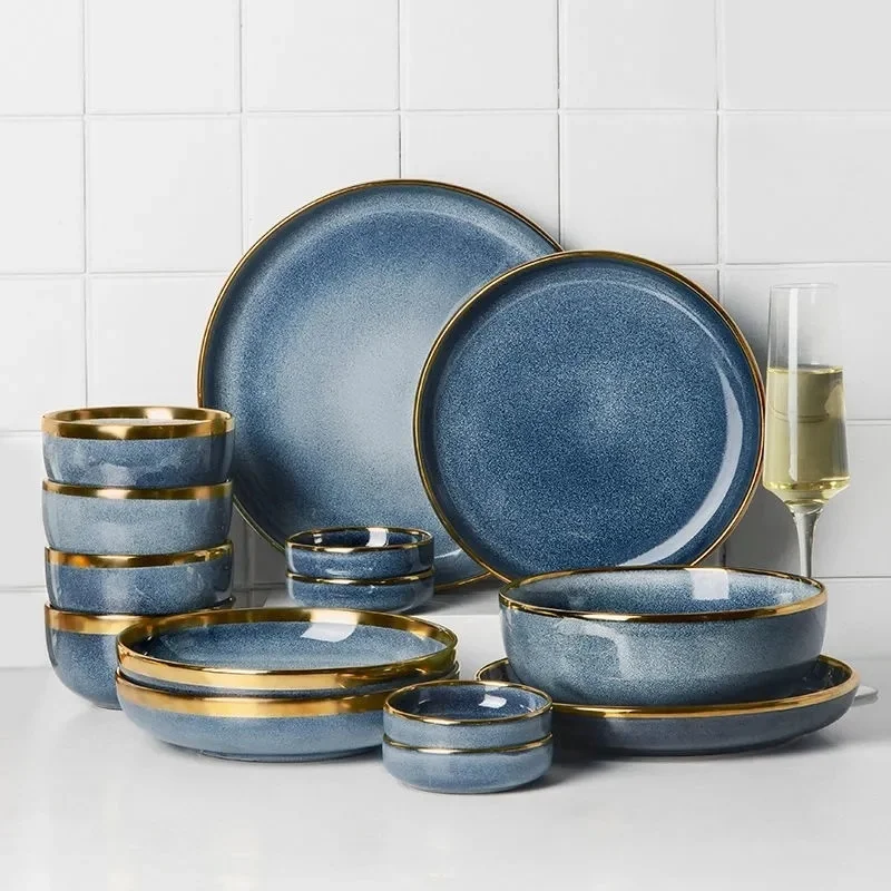 

Женская Роскошная керамическая тарелка, набор тарелок, обеденные тарелки, десертная тарелка для стейка, синяя градиентная тарелка для салата, столовая посуда, 1 шт.
