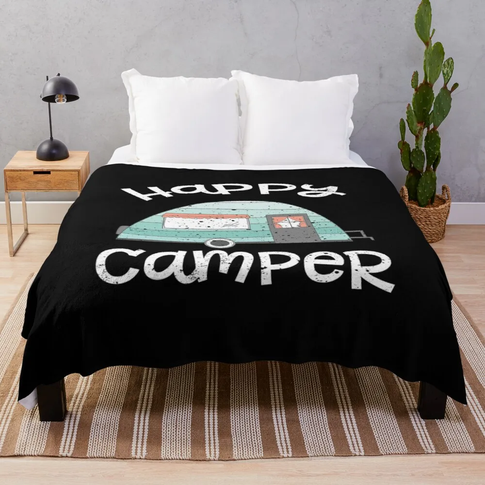 

Happy Camper Retro Trailer RV Caravan Camping Throw Blanket designer blankets