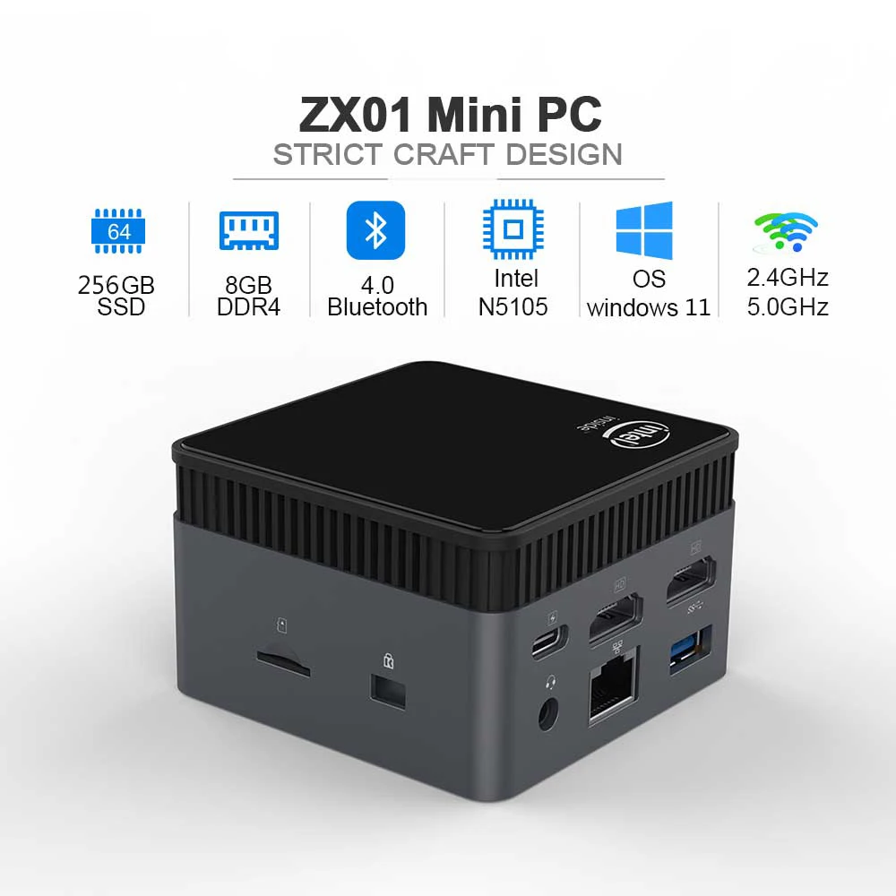 ZX01 Portable Pocket PC Windows 11 Mini PC Intel N5105 2.9GHZ DDR4 8GB 256GB SSD Lan Port WIFI5 BT4.2 Desktop Computer