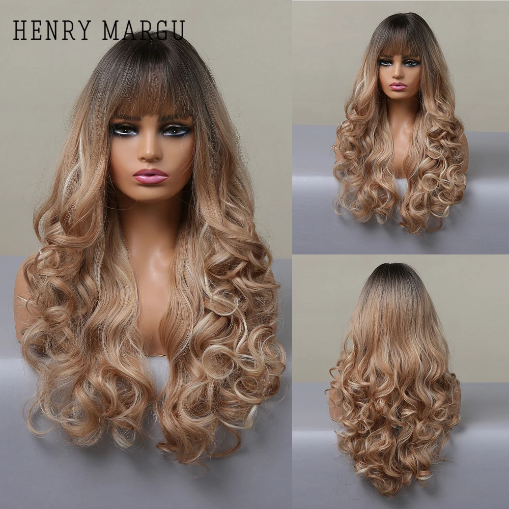 

HENRY MARGU Long Cuely Wavy Synthetic Wigs for Women Dark Root to Blonde Glod Wigs with Bangs Natural Wave Wigs Cosplay Party