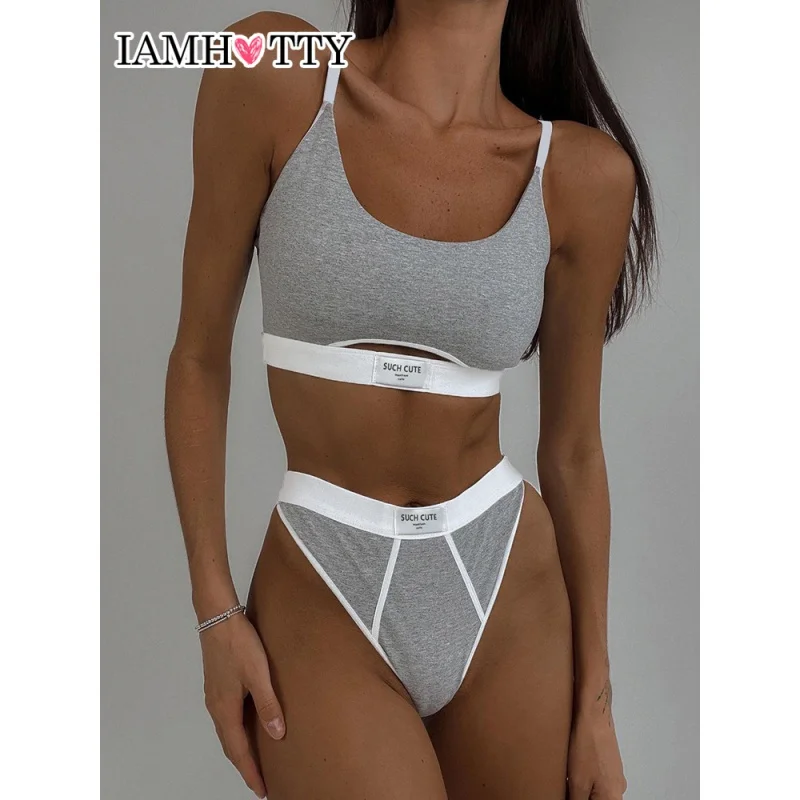 

Спортивное женское нижнее белье IAMHOTTY с вырезами, комплект из двух предметов, серое, черное нижнее белье на бретелях-спагетти с обратной резь...