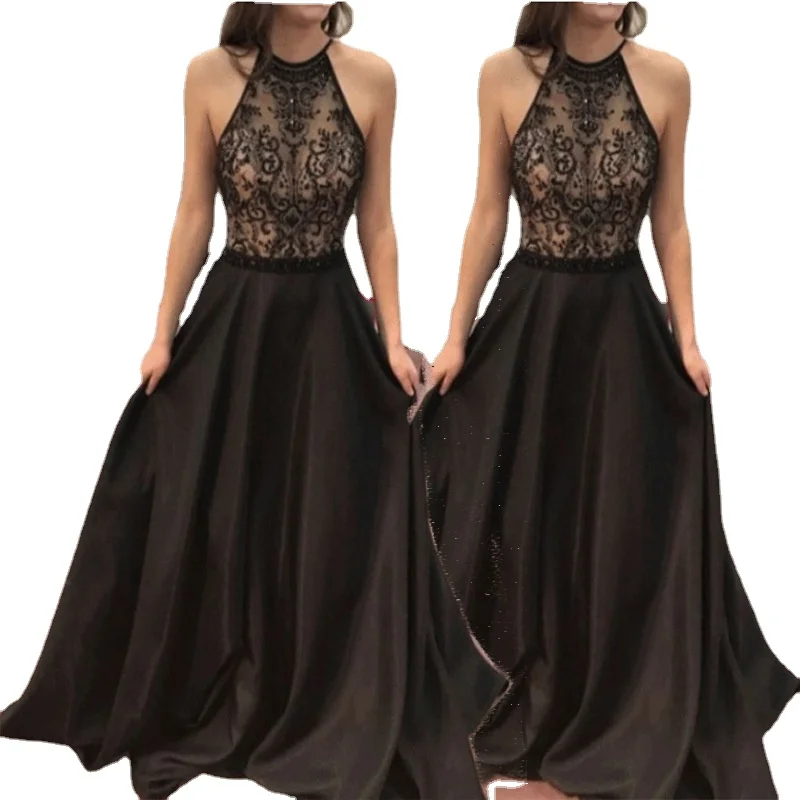 

Y2k Spring Summer New Women's Black Banquet Evening Dress Explosion Lace Hanging Neck Sleeveless Dress Long Skirt Female