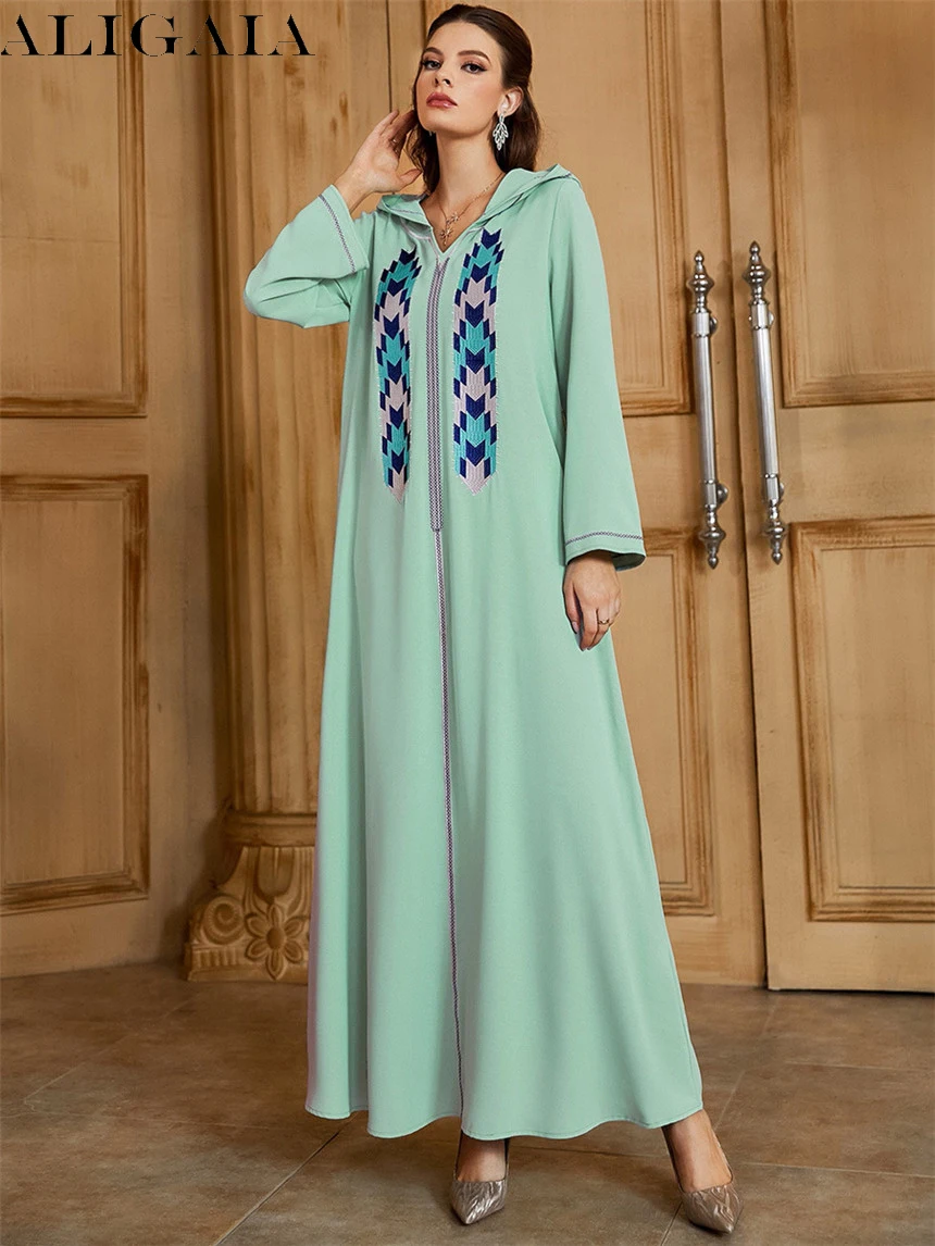 

Aligaia Fashion Arabic Ladies Clothes Ethnic Hooded Dress Long Sleeve Embroidered Urban Casual Muslim Abaya Femme New 2022