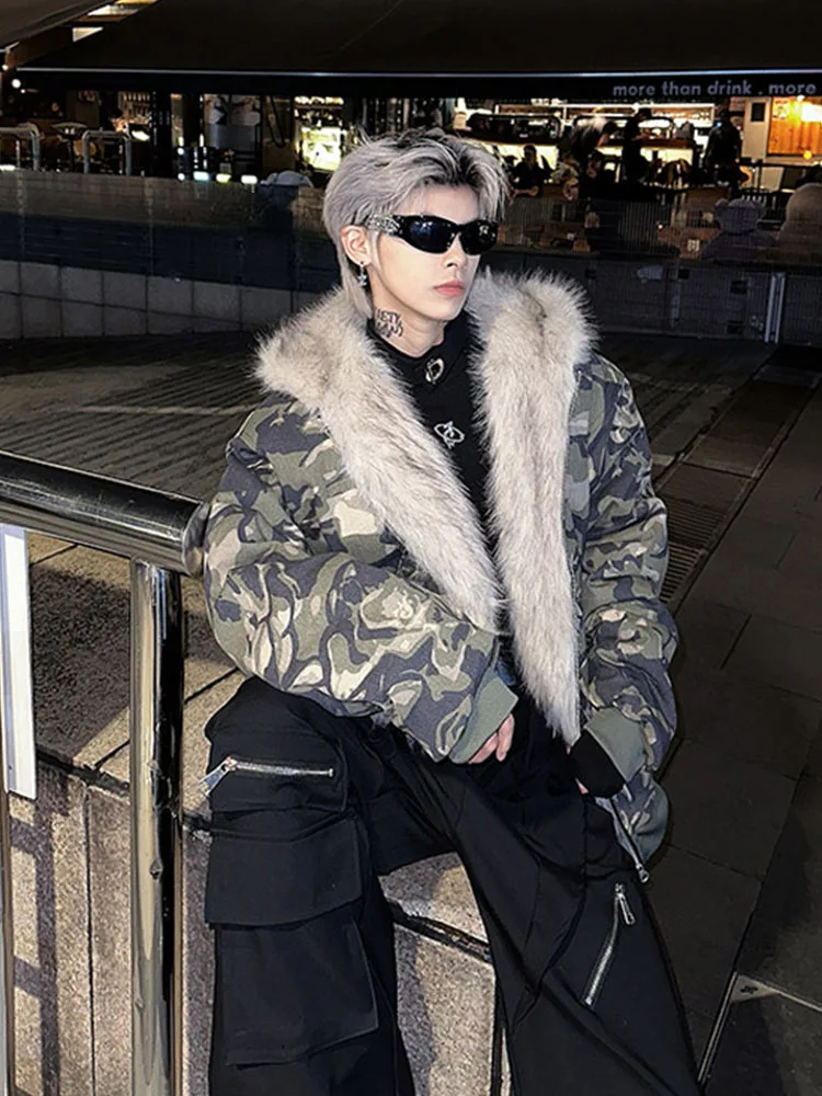 Cleanfit Camouflage Cotton-padded jacket Men's Winter Thickened American vintage Fur Collar Hood Mountain Carving Outerwear C...