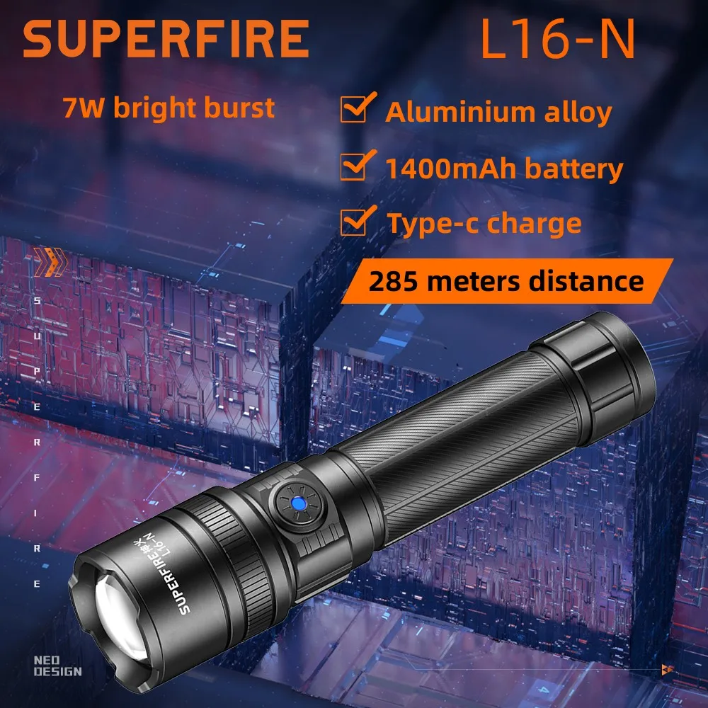 

SuperFire powerful long range LED flashlight L16-N Mini EDC Torch Use 18650/21700 battery portable rechargeable focus Lantern