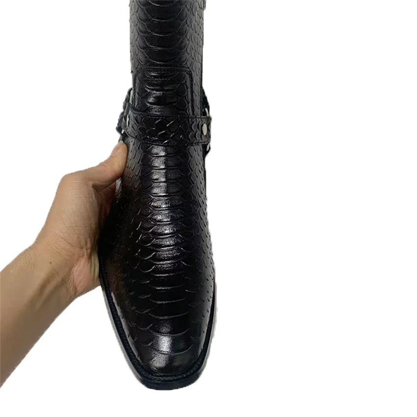 Мужские ботинки ручной работы из коровьей кожи со змеиным ремешком и пряжкой в